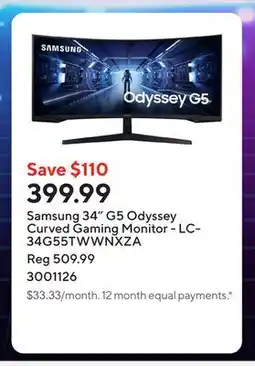Staples Samsung 34 G5 Odyssey Curved Gaming Monitor - LC34G55TWWNXZA offer