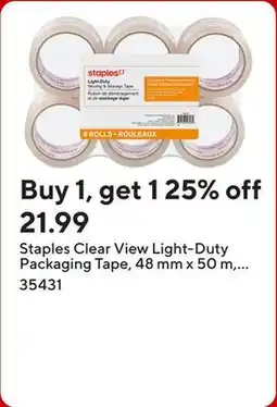 Staples Staples Clear View Light-Duty Packaging Tape, 48 mm x 50 m, 2.0-mil, 6 Pack offer