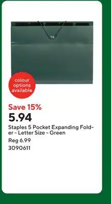 Staples Staples 5 Pocket Expanding Folder - Letter Size - Green offer