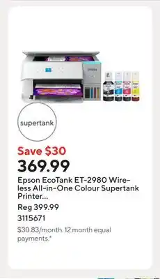 Staples Epson EcoTank ET-2980 Wireless All-in-One Colour Supertank Printer - White offer