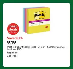 Staples Post-it Super Sticky Notes - 3 x 3 - Summer Joy Collection - 450 Sheets - 5 pk offer