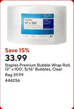 Staples Staples Premium Bubble Wrap Roll, 12 x 100', 5/16 Bubbles, Clear offer