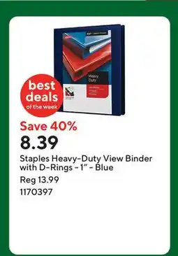 Staples Staples Heavy-Duty View Binder with D-Rings - 1 - Blue offer