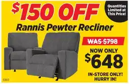 Surplus Furniture $150 Off Rannis Pewter Recliner offer