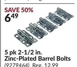 Princess Auto 5 pk 2-1/2 in. Zinc-Plated Barrel Bolts offer