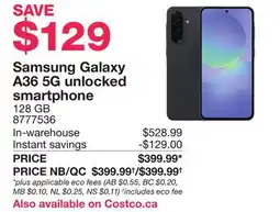 Costco Samsung Galaxy A36 5G unlocked smartphone offer