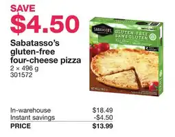 Costco Sabatasso's gluten-free four-cheese pizza offer