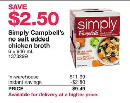 Costco Simply Campbell's no salt added chicken broth offer