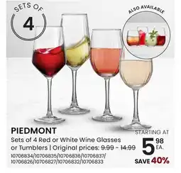 Stokes PIEDMONT Sets of 4 Red or White Wine Glasses or Tumblers offer