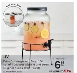 Stokes LIV Drink Dispenser with Tray, 5.5 L. Set of 4 Glasses with Lid and Straw offer