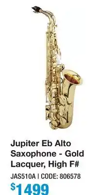 Long & McQuade Jupiter Eb Alto Saxophone - Gold Lacquer, High F offer