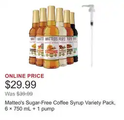 Costco Matteo's Sugar-Free Coffee Syrup Variety Pack, 6 × 750 mL + 1 pump offer