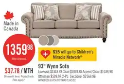 The Brick Made in Canada Wynn 93 Chenille Fabric Sofa with Nailhead Trim and Wood Bun Legs - Taupe offer