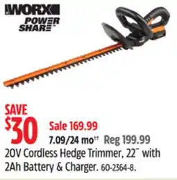 Canadian Tire WORX 20V Cordless Hedge Trimmer, 22 with 2Ah Battery & Charger offer
