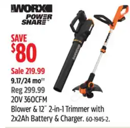 Canadian Tire WORX WG929 20V Power Share Cordless Grass Trimmer & Leaf Blower Combo Kit offer