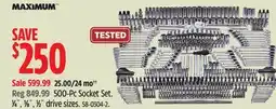 Canadian Tire Maximum 500-Pc Socket Set. 1⁄4˝, 3⁄8˝, 1⁄2˝ drive sizes offer