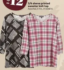Giant Tiger 3/4 sleeve printed sweater knit top offer