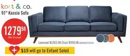 The Brick Kort & Co. Kassia 90.6 Linen-Look Fabric Sofa with Wood Base and Legs - Blue offer