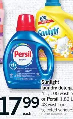 Fortinos SUNLIGHT LAUNDRY DETERGENT, 4 L, 100 WASHLOADS OR PERSIL 1.86 L, 48 WASHLOADS offer