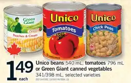 Fortinos UNICO BEANS 540 ML, TOMATOES 796 ML OR GREEN GIANT CANNED VEGETABLES 341/398 ML offer