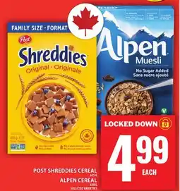 Food Basics POST SHREDDIES CEREAL OR ALPEN CEREAL offer