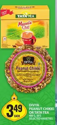 Food Basics DIVYA PEANUT CHIKKI OR TATA TEA offer