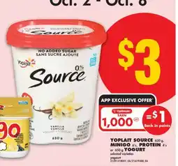 No Frills YOPLAIT SOURCE, 630 g, MINIGO, 6' s, PROTEIN, 4's or 650 g YOGURT offer