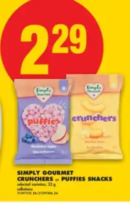 No Frills SIMPLY GOURMET CRUNCHERS or PUFFIES SNACKS, 32 g offer