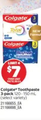 Real Canadian Superstore COLGATE TOOTHPASTE 3-PACK, 120-150 ML offer