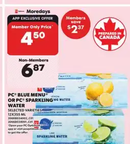Loblaws PC BLUE MENU OR PC SPARKLING WATER, 12X355 ML offer