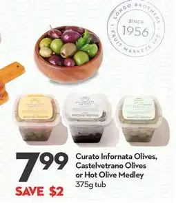 Longo's Curato Infornata Olives, Castelvetrano Olives or Hot Olive Medley offer