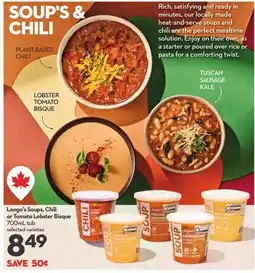 Longo's Soups, Chili or Tomato Lobster Bisque offer