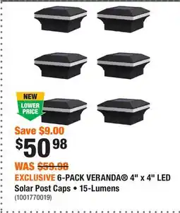 Home Depot EXCLUSIVE 6-PACK VERANDA 4 x 4 LED Solar Post Caps • 15-Lumens offer