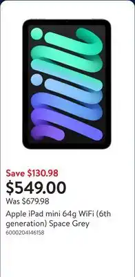 Walmart Apple iPad mini 64g WiFi (6th generation) Space Grey offer