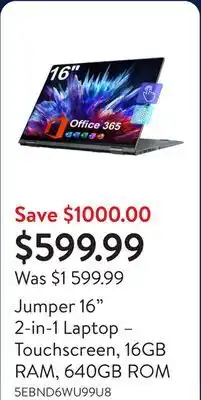 Walmart Jumper 16 2-in-1 Laptop – Touchscreen, 16GB RAM, 640GB ROM offer