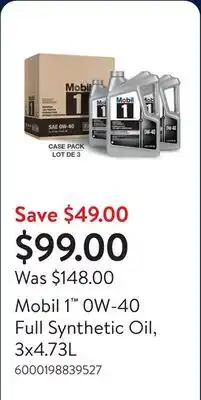 Walmart Mobil 1 0W-40 Full Synthetic Oil, 3x4.73L offer