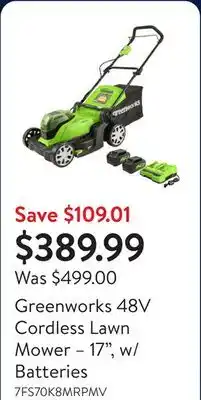 Walmart Greenworks 48V Cordless Lawn Mower – 17, w/ Batteries offer