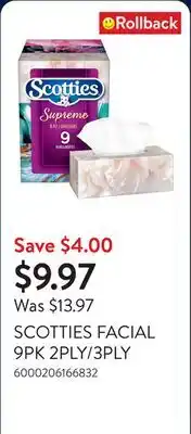 Walmart SCOTTIES FACIAL 9PK 2PLY/3PLY offer