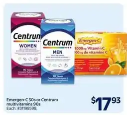Walmart Emergen-C 30s or Centrum multivitamins 90s offer