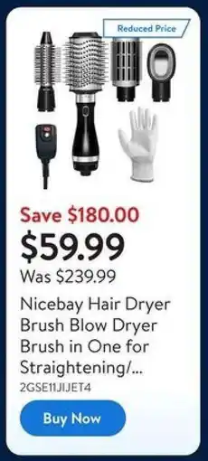 Walmart Nicebay Hair Dryer Brush Blow Dryer Brush in One for Straightening offer