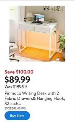 Walmart Pinmoco Writing Desk with 2 Fabric Drawers & Hanging Hook, 32 Inch offer