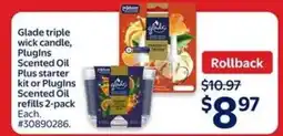 Walmart Glade triple wick candle, PlugIns Scented Oil Plus starter kit or PlugIns Scented Oil refills 2-pack offer