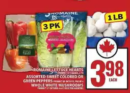 Food Basics Romaine Lettuce Hearts, Assorted Sweet Colored or Green Peppers, Whole White Mushrooms offer