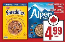 Food Basics Post Shreddies Cereal / Alpen Cereal offer