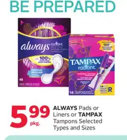 Rexall ALWAYS Pads or Liners or TAMPAX Tampons offer