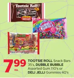Rexall TOOTSIE ROLL Snack Bars 35's, DUBBLE BUBBLE Assorted Gum 110's or DELI JELLI Gummies 40's offer