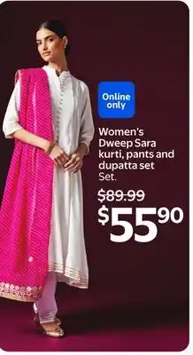 Walmart Women's Dweep Sara kurti, pants and dupatta set offer