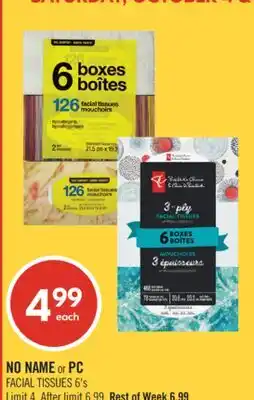 Shoppers Drug Mart NO NAME or PC FACIAL TISSUES 6's offer