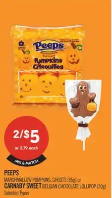 Shoppers Drug Mart PEEPS MARSHMALLOW PUMPKINS, GHOSTS (85g) or CARNABY SWEET BELGIAN CHOCOLATE LOLLIPOP (30g) offer