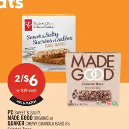 Shoppers Drug Mart PC SWEET & SALTY, MADE GOOD ORGANIC or QUAKER CHEWY GRANOLA BARS 5's offer
